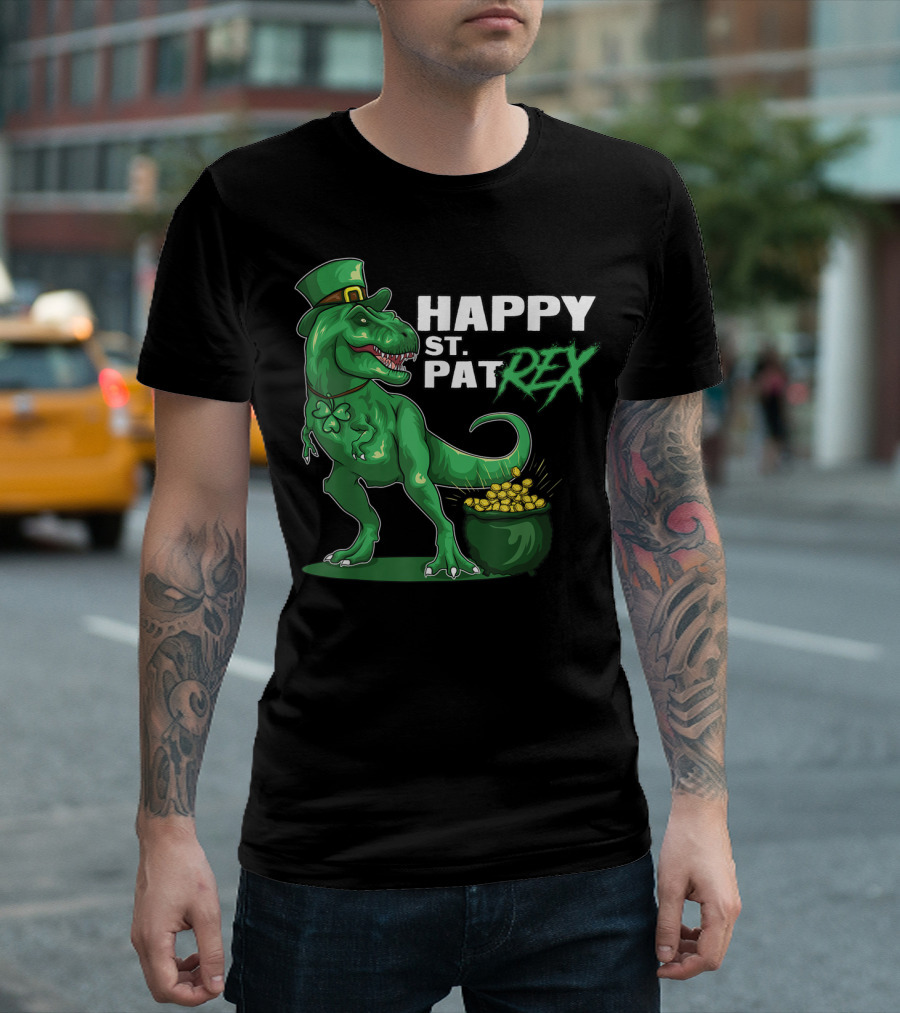 Happy St Pat Rex Day Kids Dinosaur Pot of Gold St Patrick's Day T-Shirt