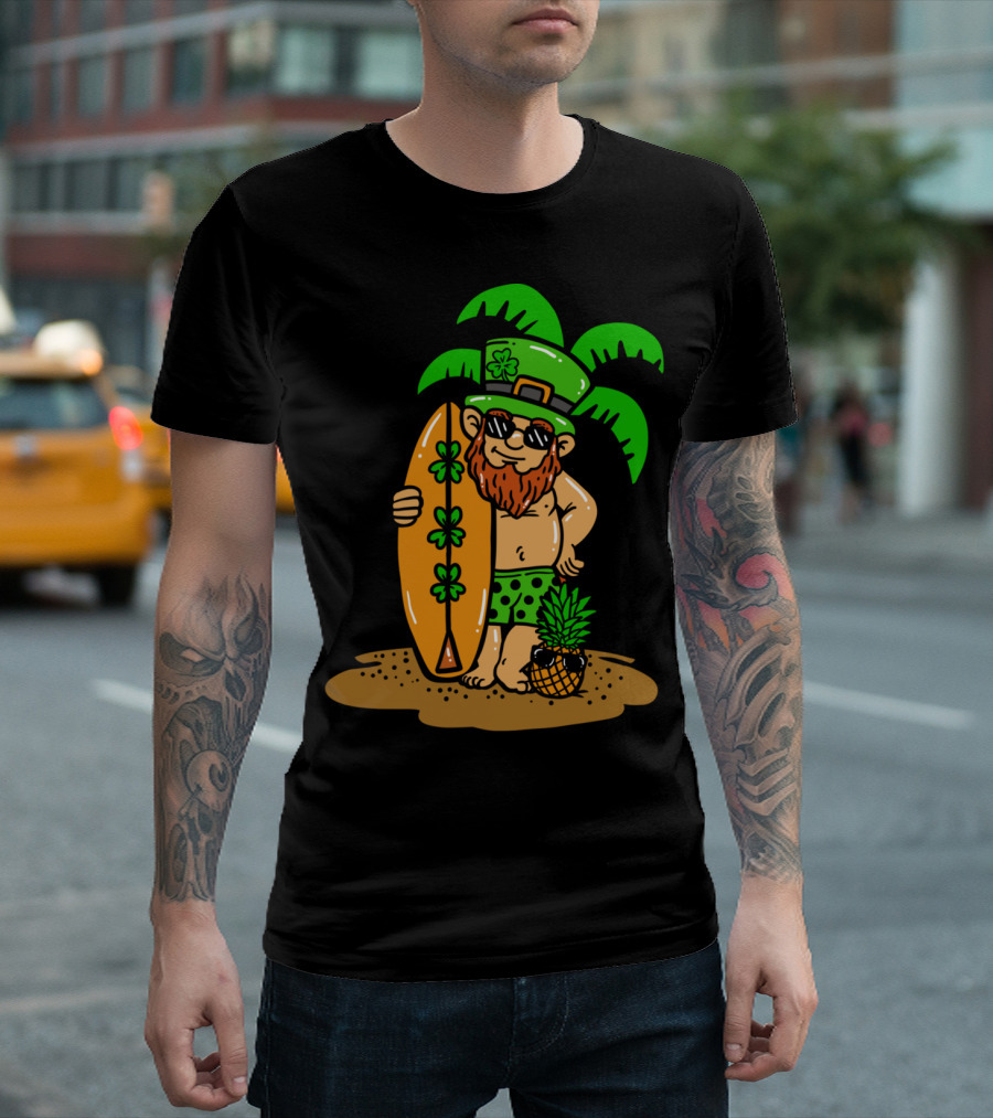 Hawaiian Leprechaun With Shamrock Surfboard Under Palm Trees For Saint Patrick's Day T-Shirt