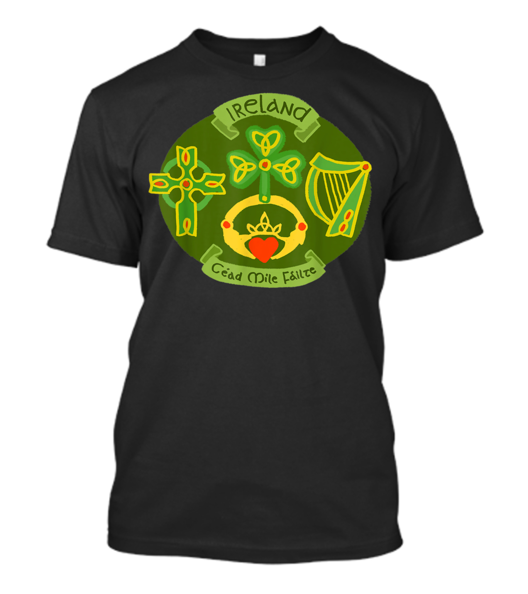 Ireland Céad Míle Fáilte Saint Patrick's Day Celtic Cross Harp Claddagh Shamrock T-Shirt