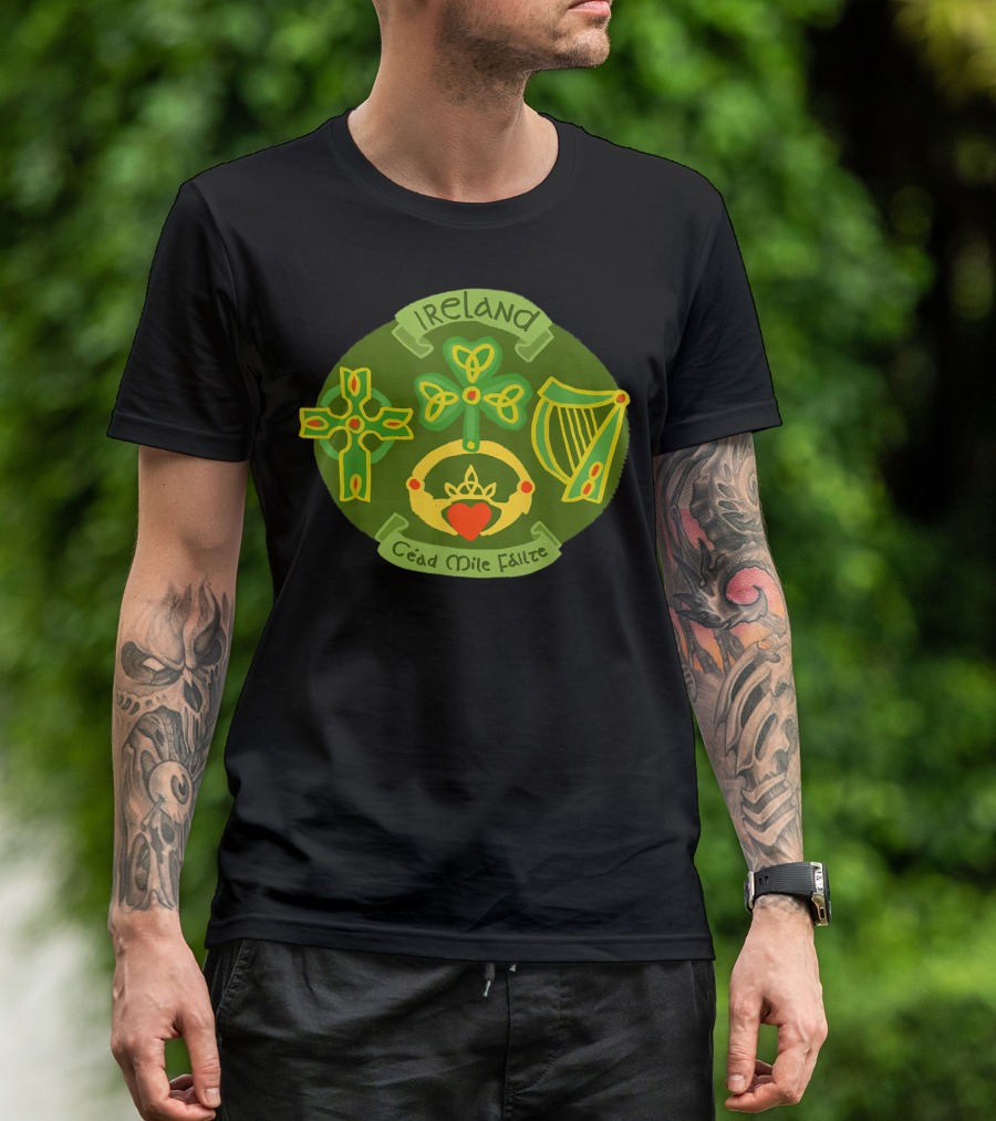 Ireland Céad Míle Fáilte Saint Patrick's Day Celtic Cross Harp Claddagh Shamrock T-Shirt