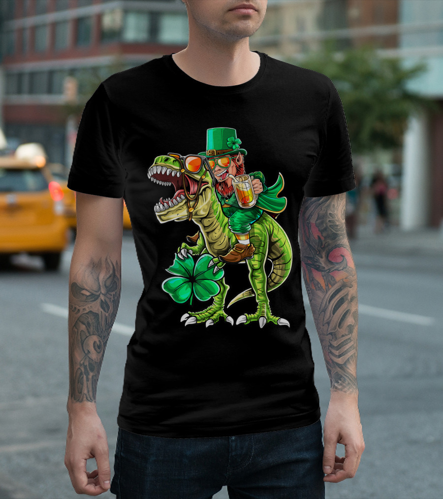 Leprechaun Riding Rex Dinosaur with Beer and Clover St Patrick's Day T-Shirt