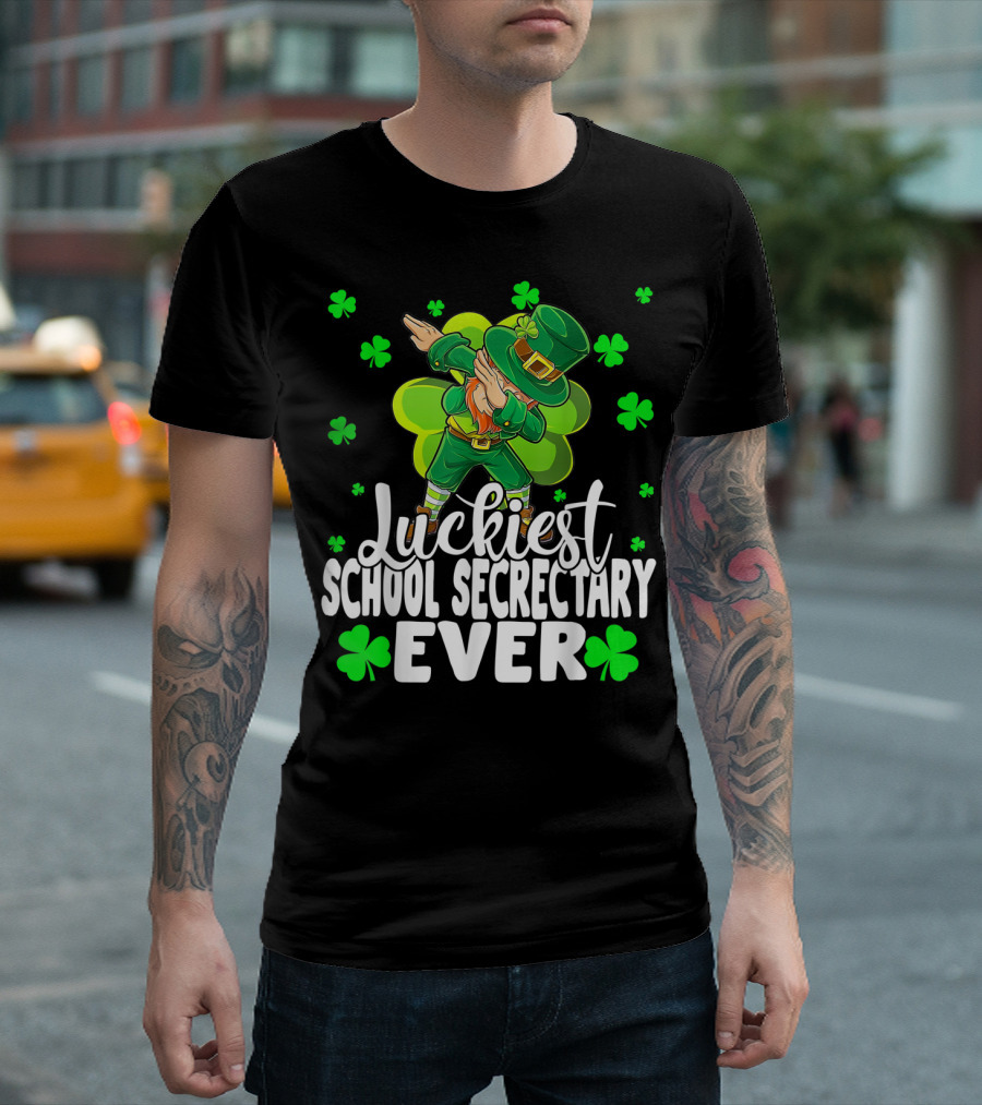 Luckiest School Secretary Ever Leprechaun with Shamrocks and Dabbing Pose T-Shirt