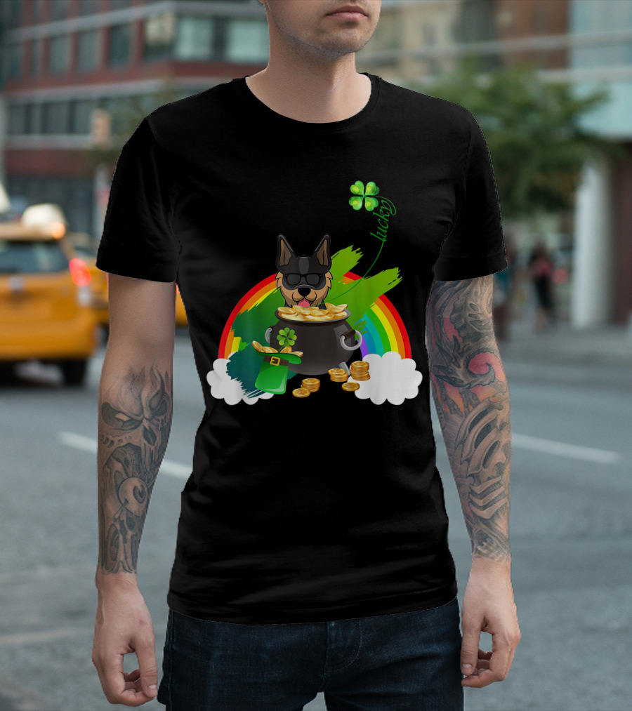 Lucky Shamrock Australian Cattle Dog with Pot of Gold and Rainbow T-Shirt
