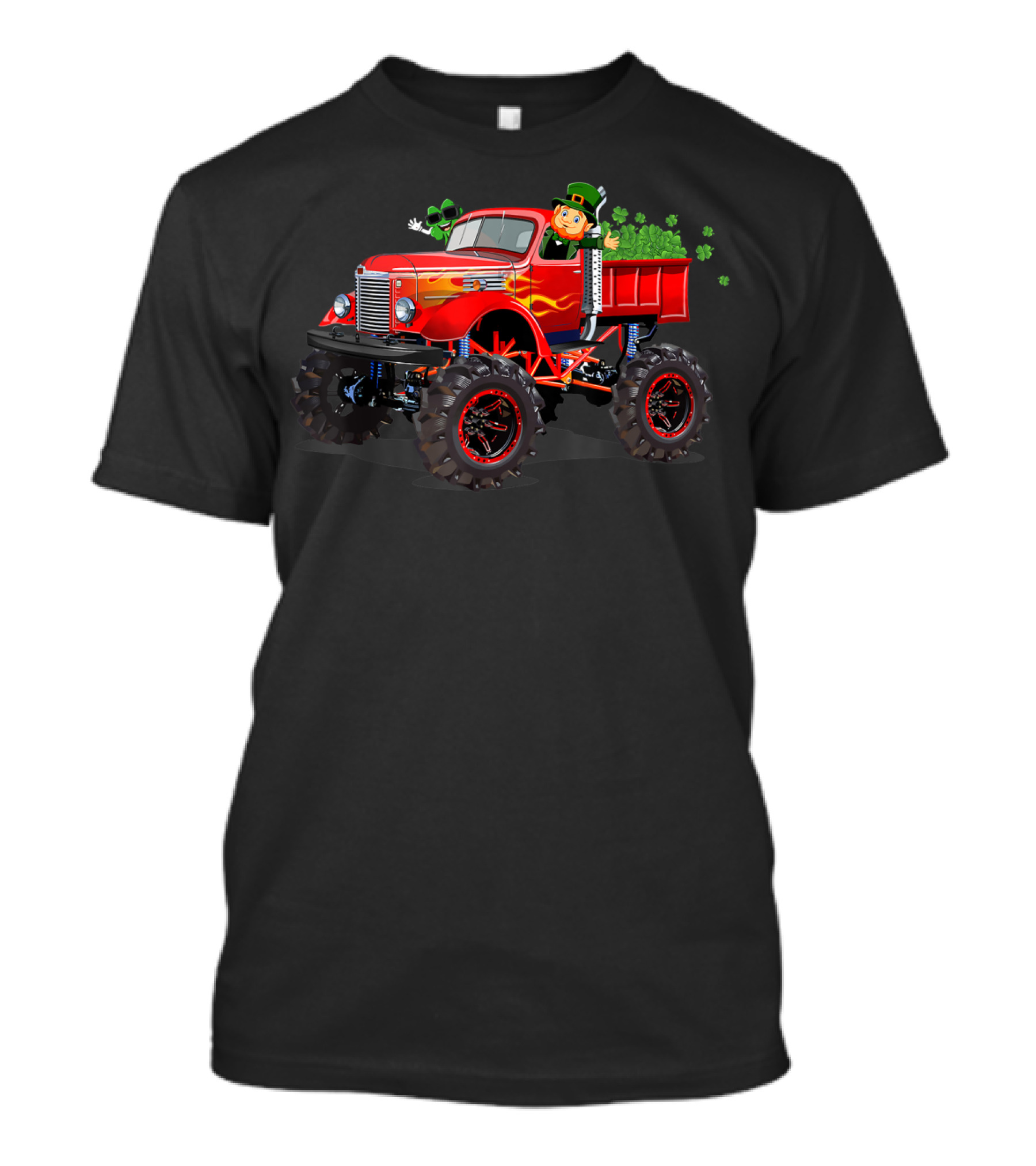 St Patrick Leprechaun With Shamrocks Driving Red Monster Truck T-Shirt