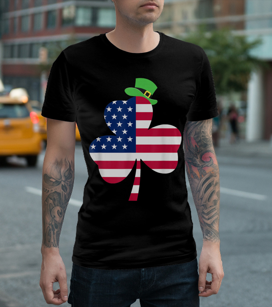 St Patrick's Day Shamrock with American Flag and Green Leprechaun Hat T-Shirt