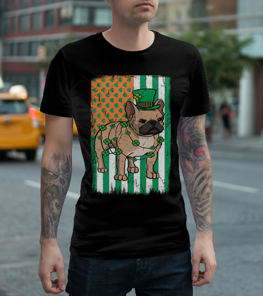 Frenchie Leprechaun St Patrick's Day French Bulldog Green Hat Shamrocks Irish Flag T-Shirt