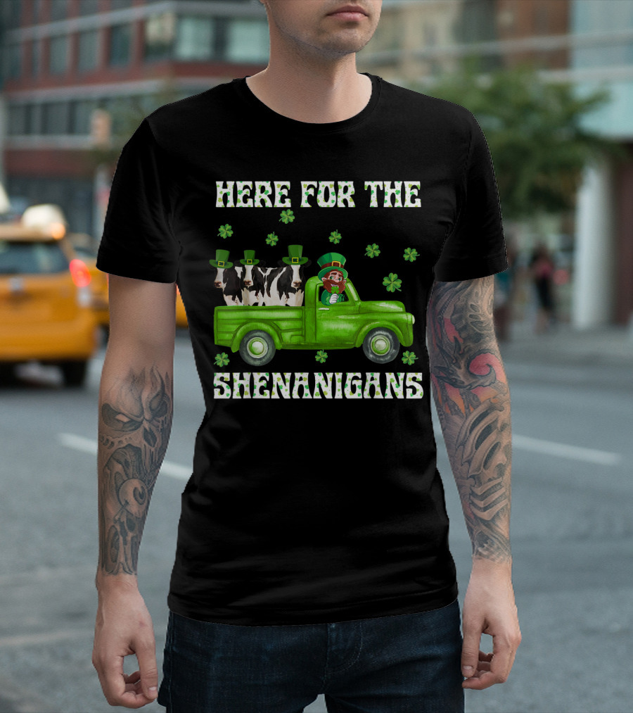 Here For The Shenanigans Leprechaun Cow Parade in Green Truck with Shamrocks T-Shirt
