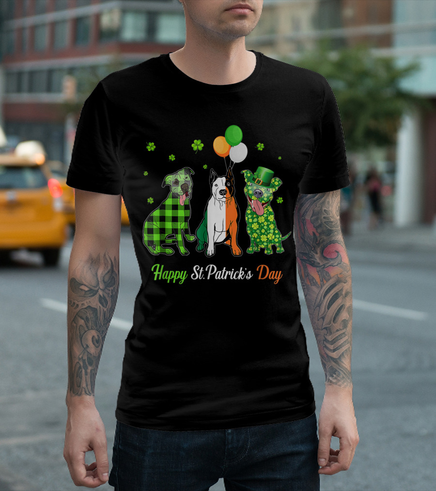 Happy St. Patrick's Day Irish Flag Three Pitbull Dogs T-Shirt