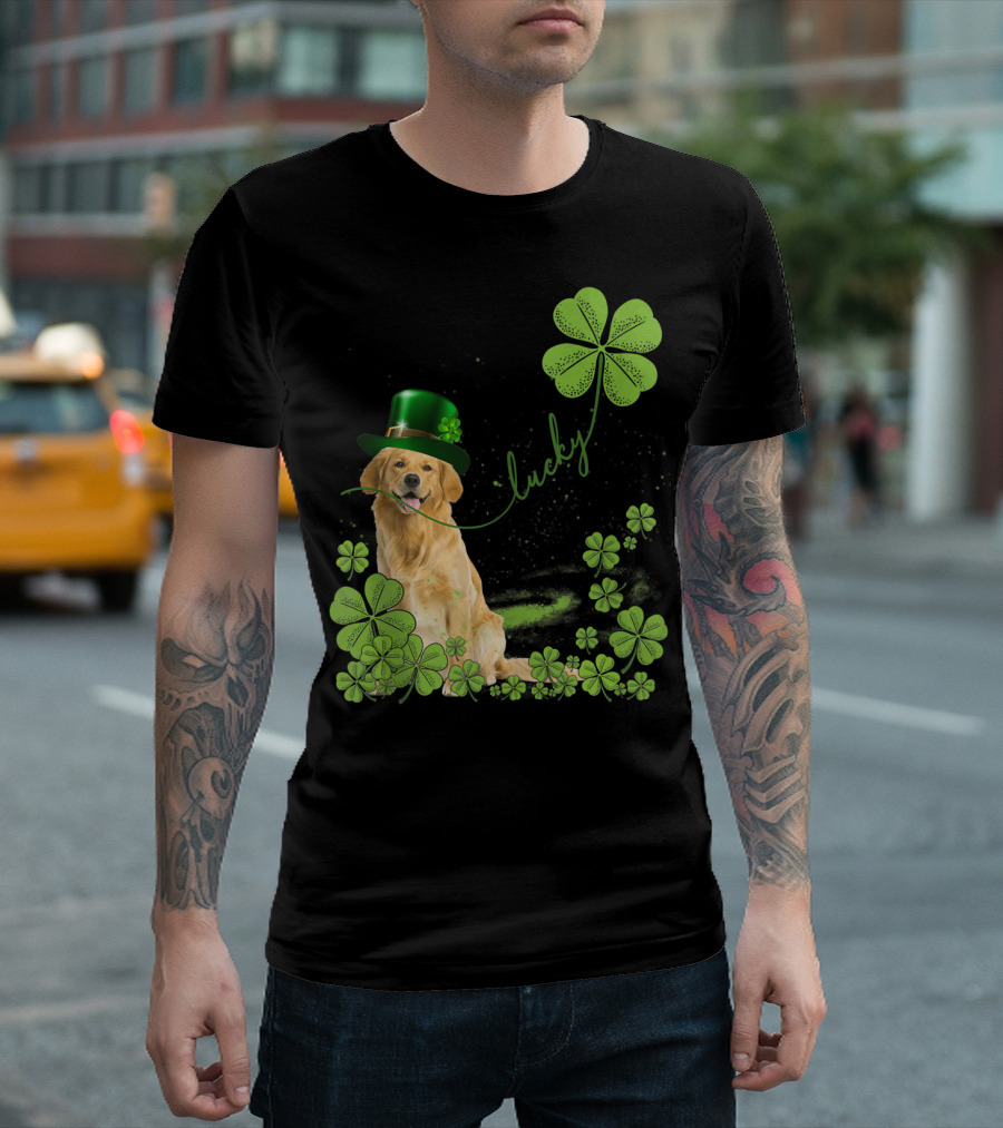 Lucky Golden Retriever Dog Shamrock Hat with Clover T-Shirt