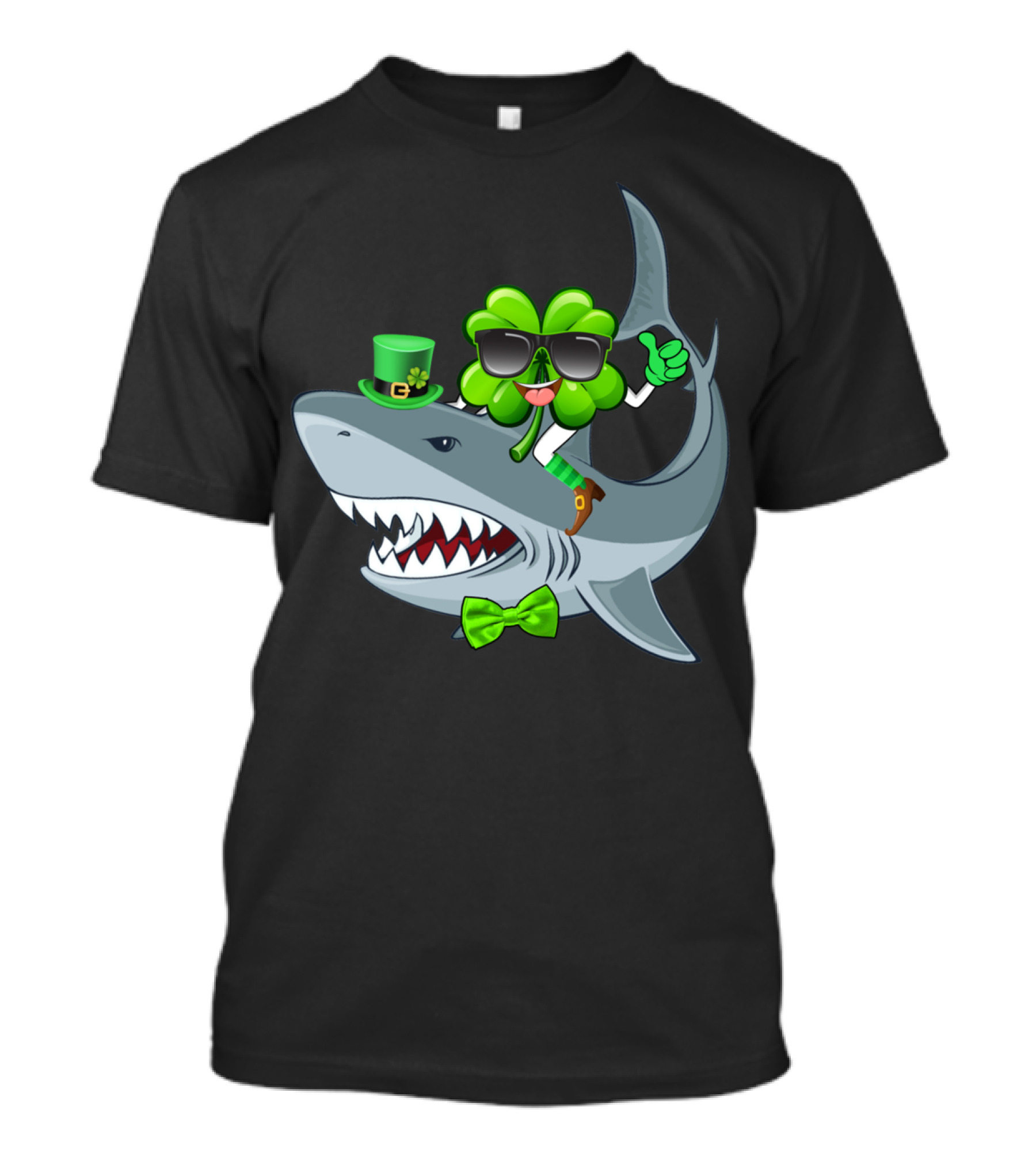 Shamrock Wearing Sunglasses Riding Shark With Green Hat And Bow Tie St Patrick's Day T-Shirt