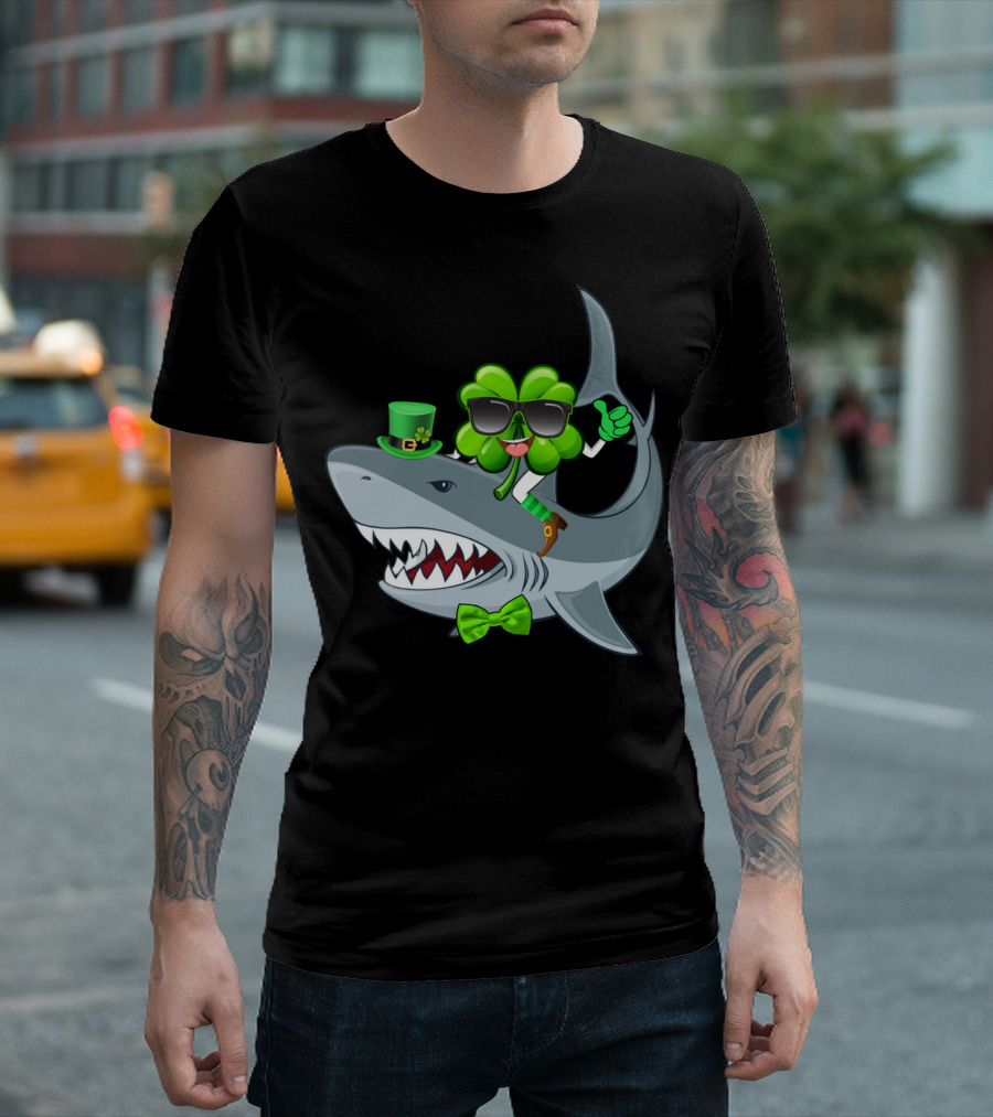 Shamrock Wearing Sunglasses Riding Shark With Green Hat And Bow Tie St Patrick's Day T-Shirt