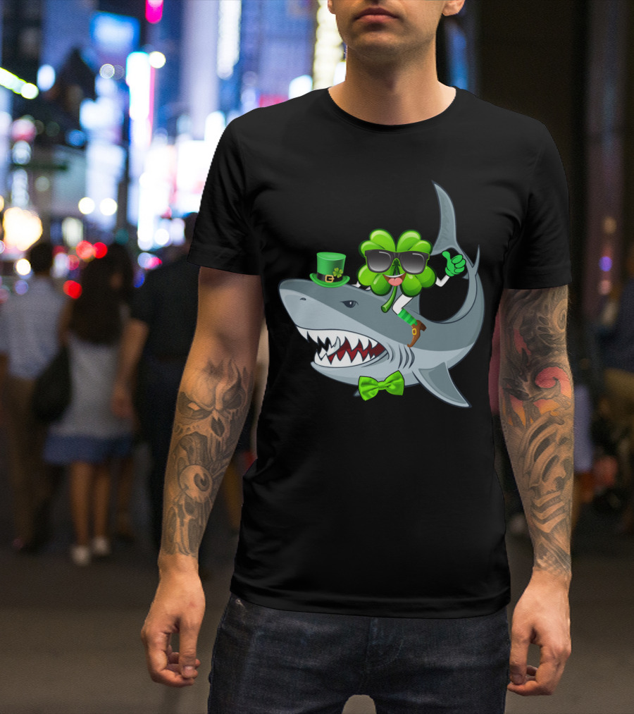 Shamrock Wearing Sunglasses Riding Shark With Green Hat And Bow Tie St Patrick's Day T-Shirt
