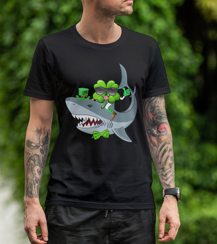 Shamrock Wearing Sunglasses Riding Shark With Green Hat And Bow Tie St Patrick's Day T-Shirt