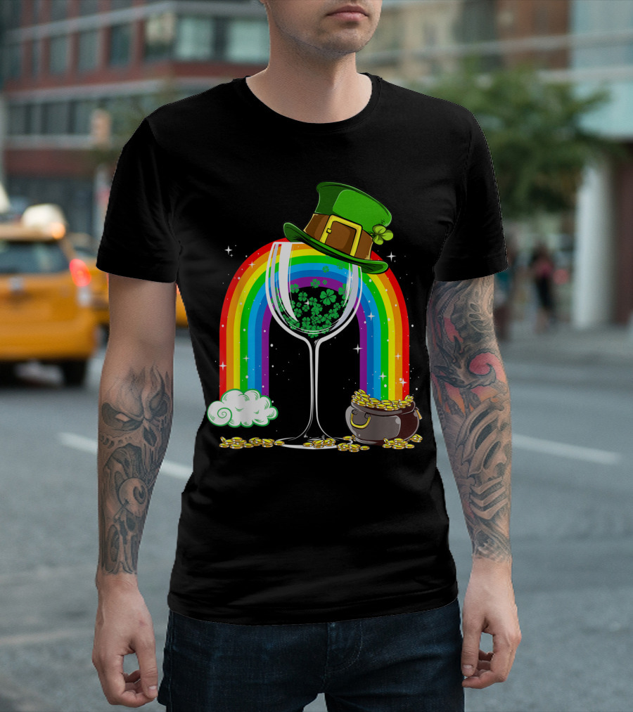 Shamrock Wine Glass with Leprechaun Top Hat and Rainbow Pot of Gold St Patrick's Day T-Shirt