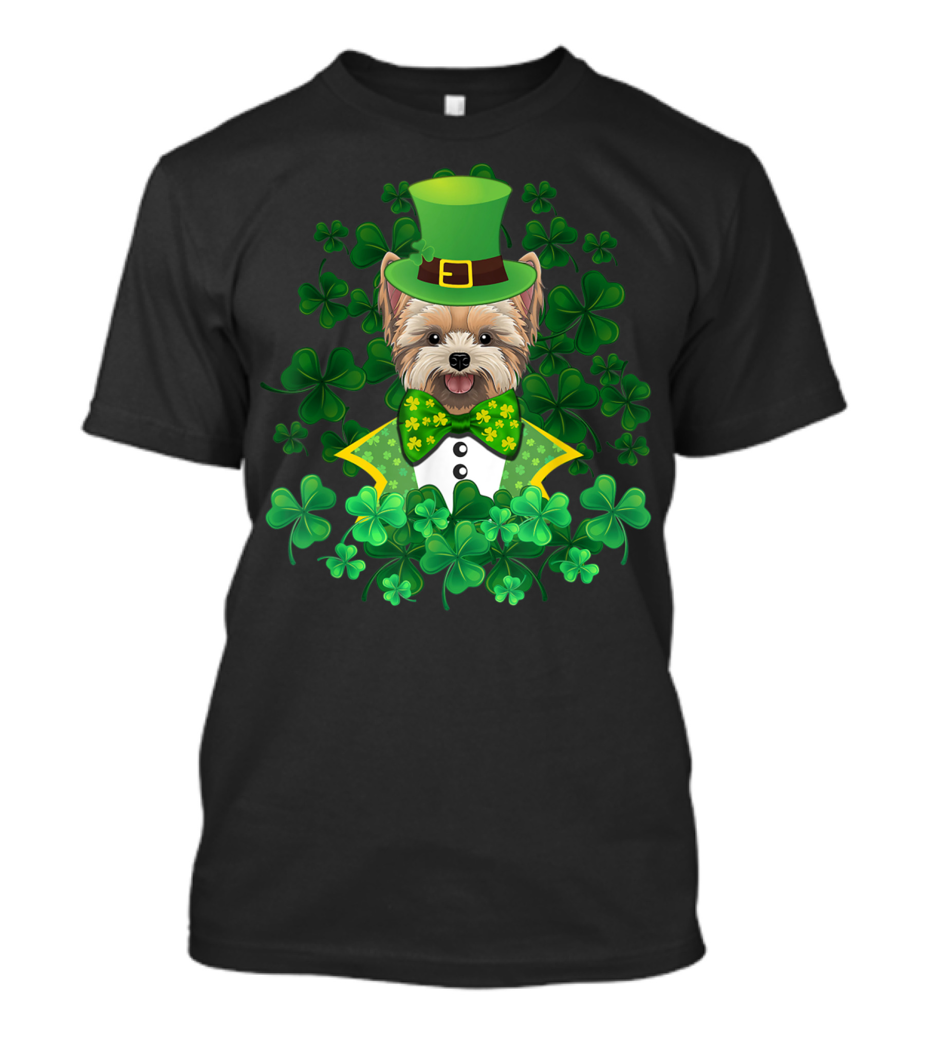 Shamrock Yorkie St Patrick's Day Luck Bow Tie Puppy With Green Hat And Clover T-Shirt