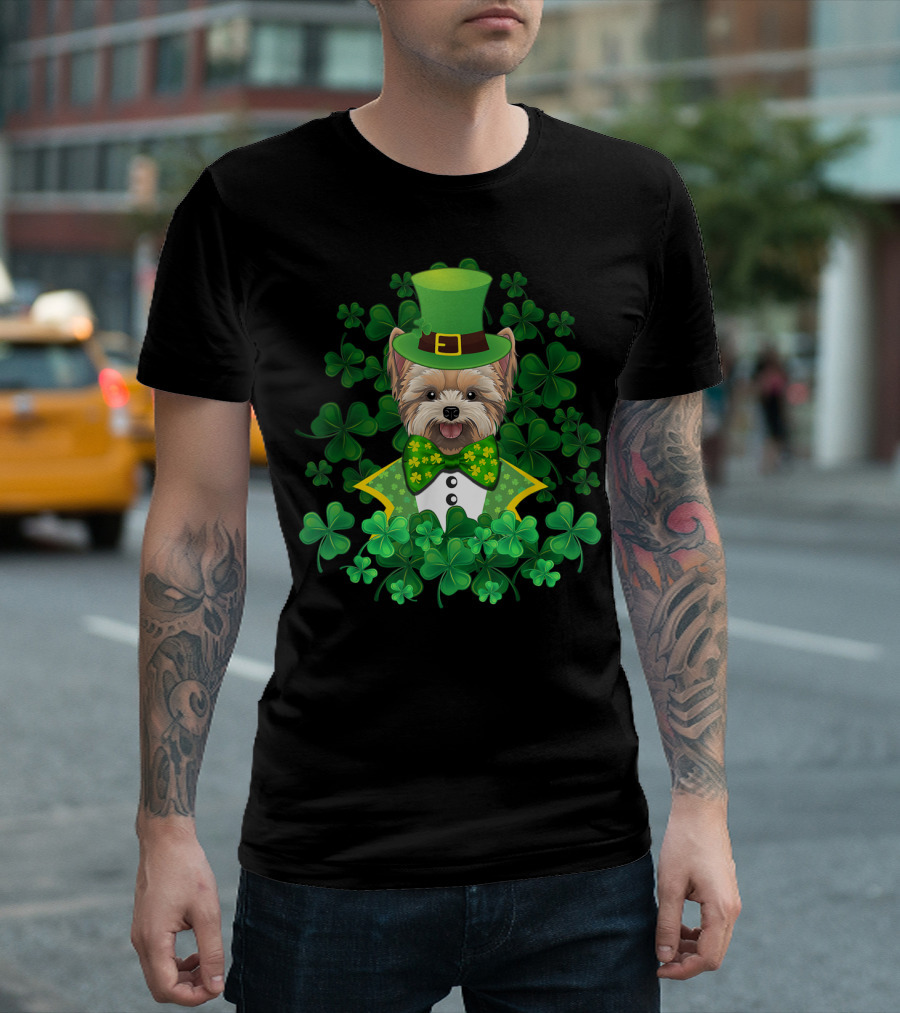 Shamrock Yorkie St Patrick's Day Luck Bow Tie Puppy With Green Hat And Clover T-Shirt