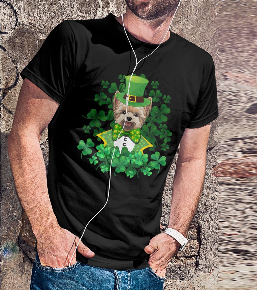 Shamrock Yorkie St Patrick's Day Luck Bow Tie Puppy With Green Hat And Clover T-Shirt