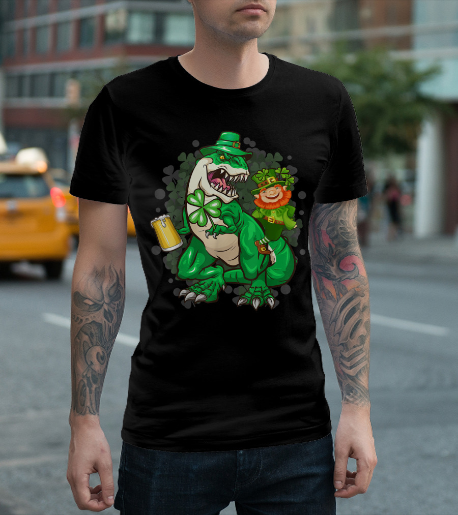 T Rex Dinosaur Beer Shamrock Leprechaun St Patrick's Day T-Shirt