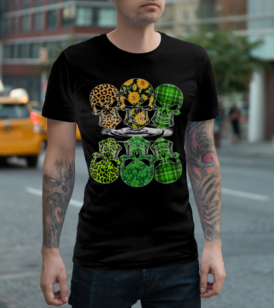 Three Skull Leopard Sunflower Green Plaid Clover Reflection T-Shirt