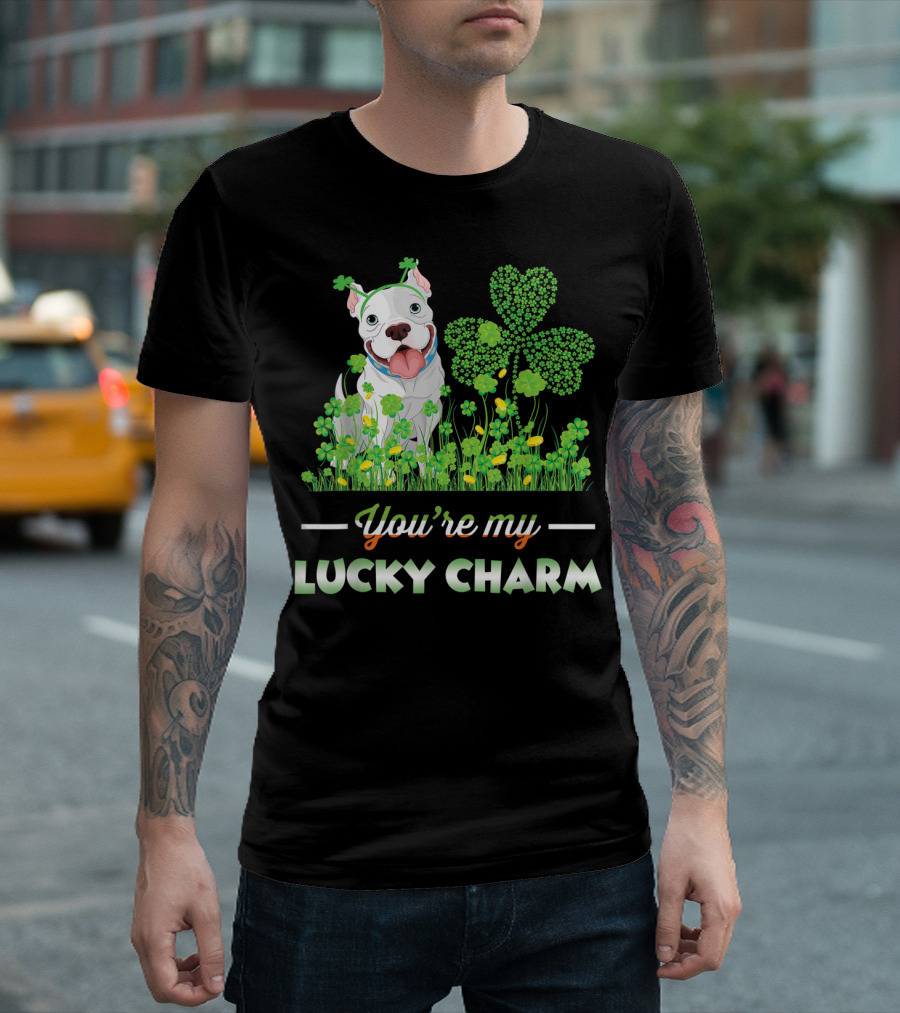 You're My Lucky Charm Adorable Pitbull Surrounded By Shamrocks T-Shirt