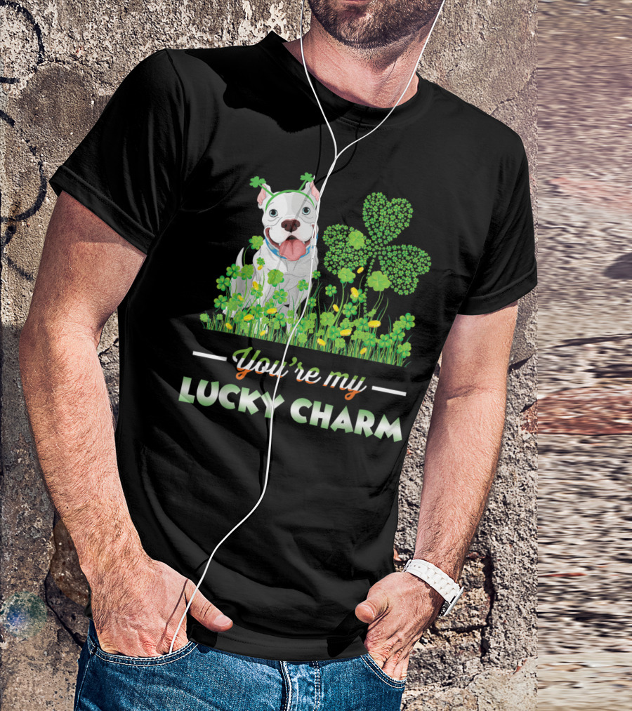 You're My Lucky Charm Adorable Pitbull Surrounded By Shamrocks T-Shirt
