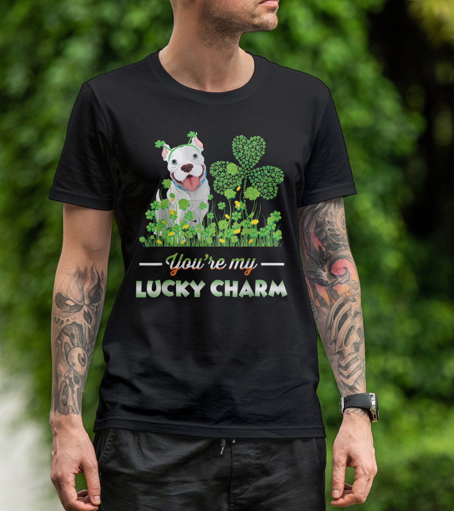 You're My Lucky Charm Adorable Pitbull Surrounded By Shamrocks T-Shirt
