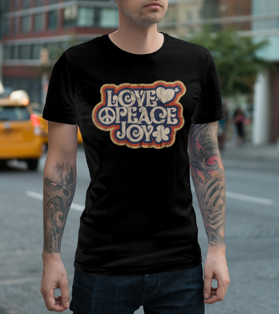Love Peace Joy Retro 70s Heart Peace Sign Clover T-Shirt