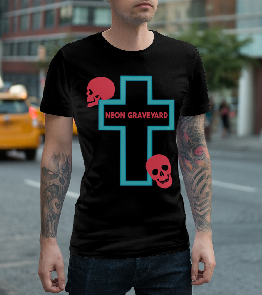 Neon Graveyard Cross with Red Skulls Halloween Party T-Shirt