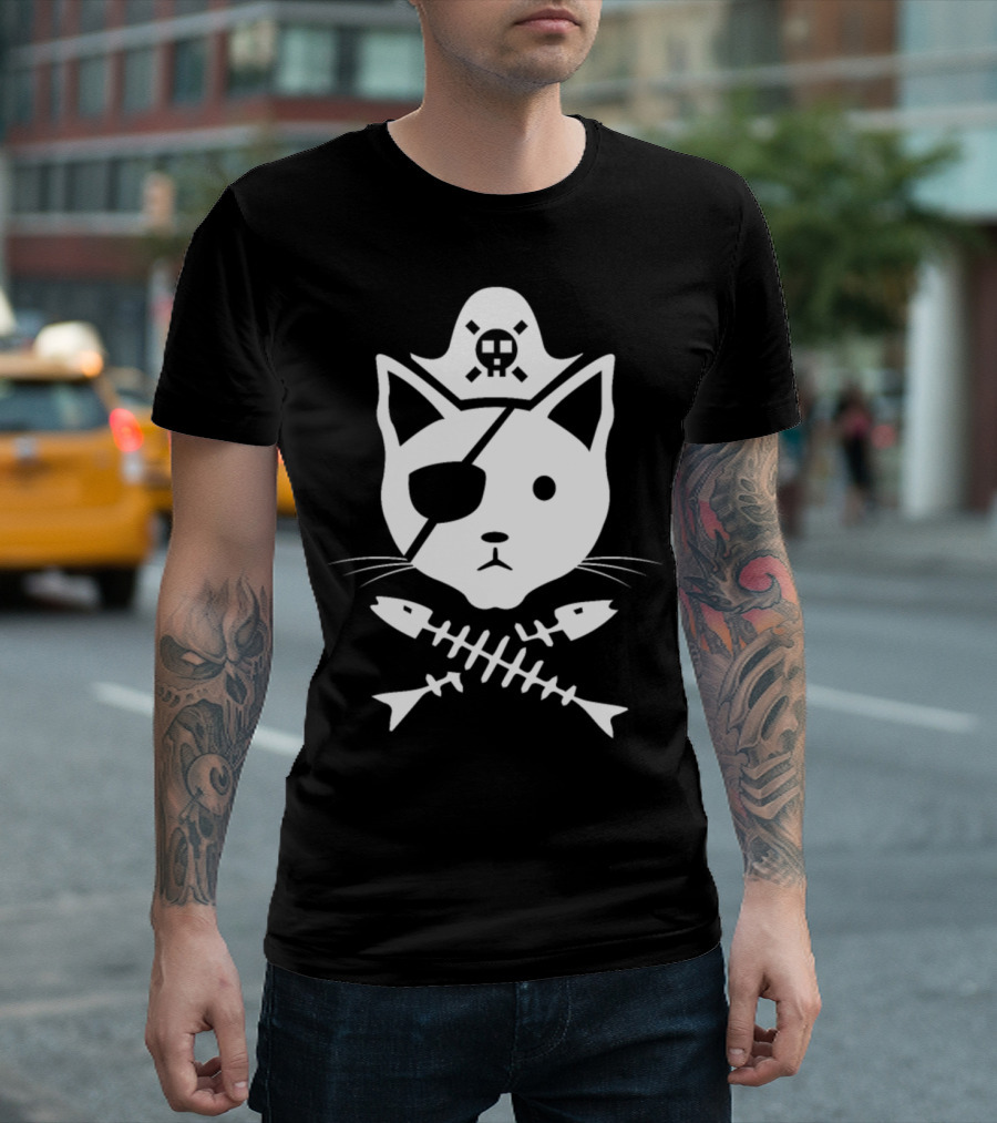 Pirate Cat Skull and Crossbones Jolly Roger Fishbones Eyepatch T-Shirt