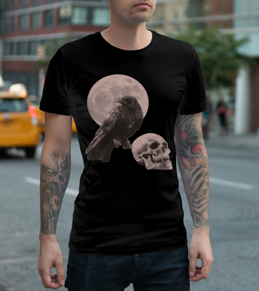 Raven with Full Moon and Skull Gothic T-Shirt