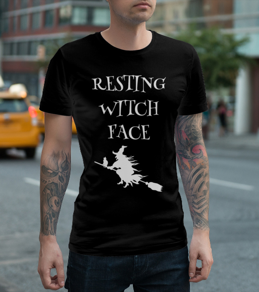 Resting Witch Face Halloween Broomstick Silhouette with Cat T-Shirt