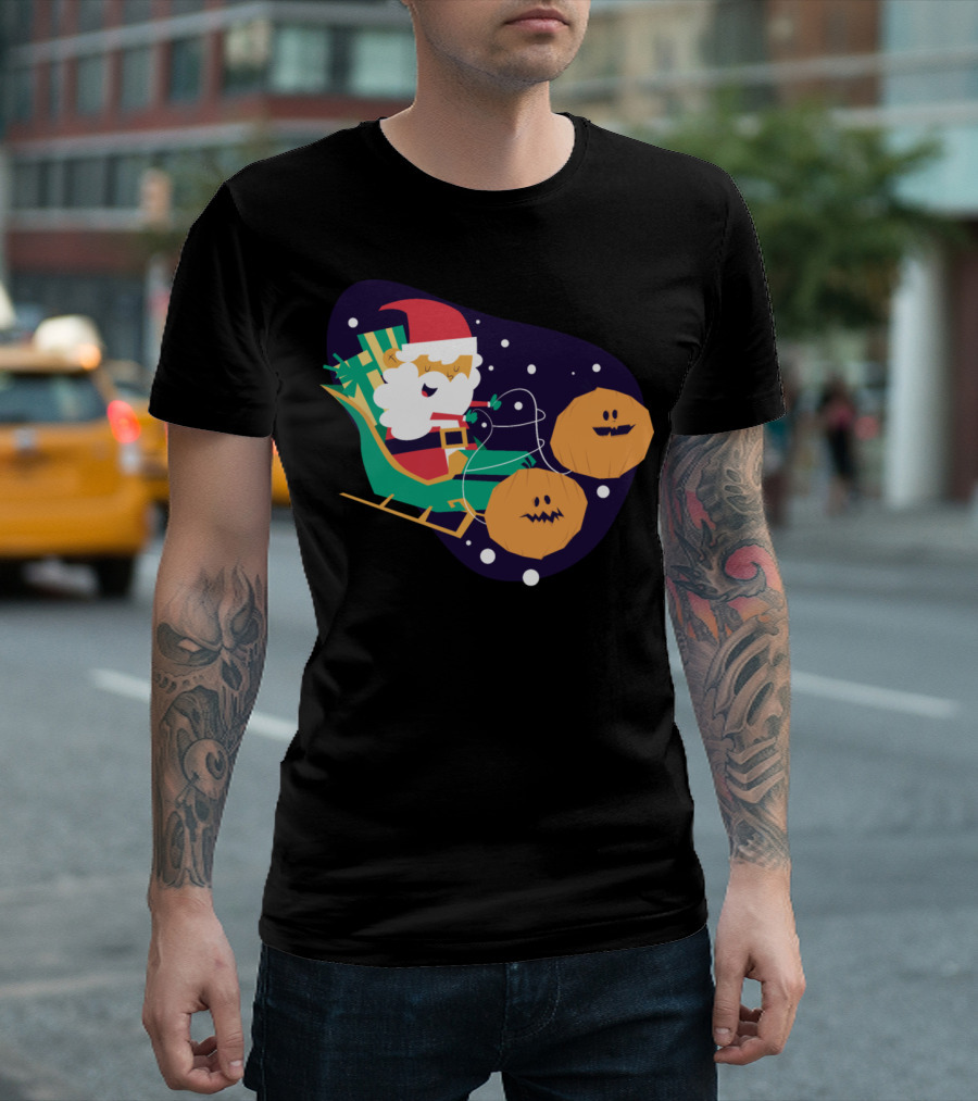 Santa Sleigh With Halloween Pumpkins Snowy Night T-Shirt