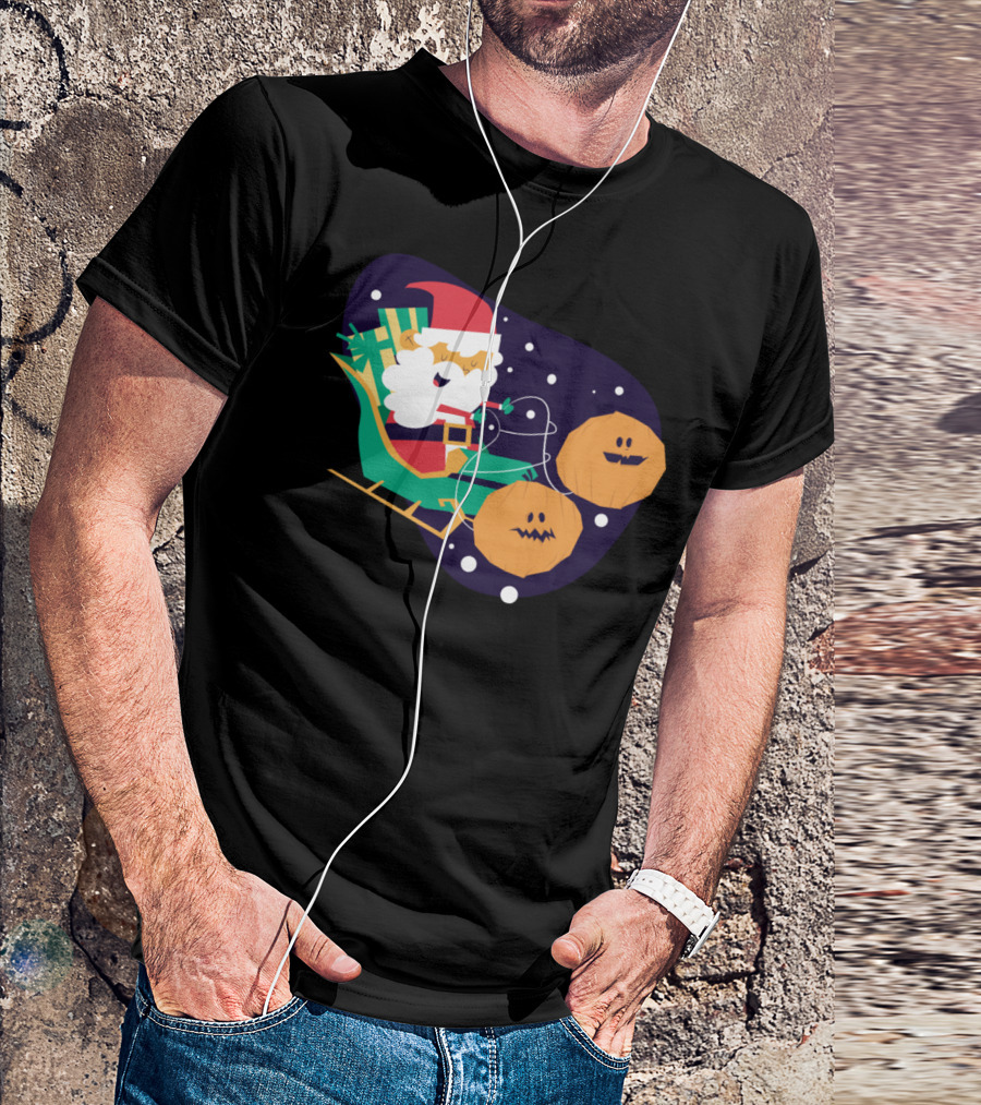 Santa Sleigh With Halloween Pumpkins Snowy Night T-Shirt