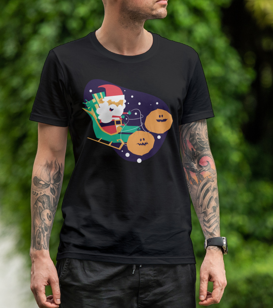 Santa Sleigh With Halloween Pumpkins Snowy Night T-Shirt