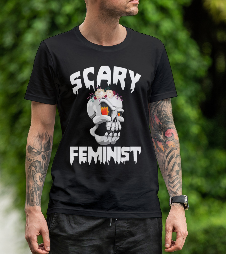 Scary Feminist Skull With Flowers Funny Halloween Horror T-Shirt