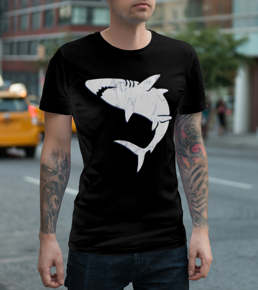 Shark Vintage Distressed Look Retro Style White T-Shirt