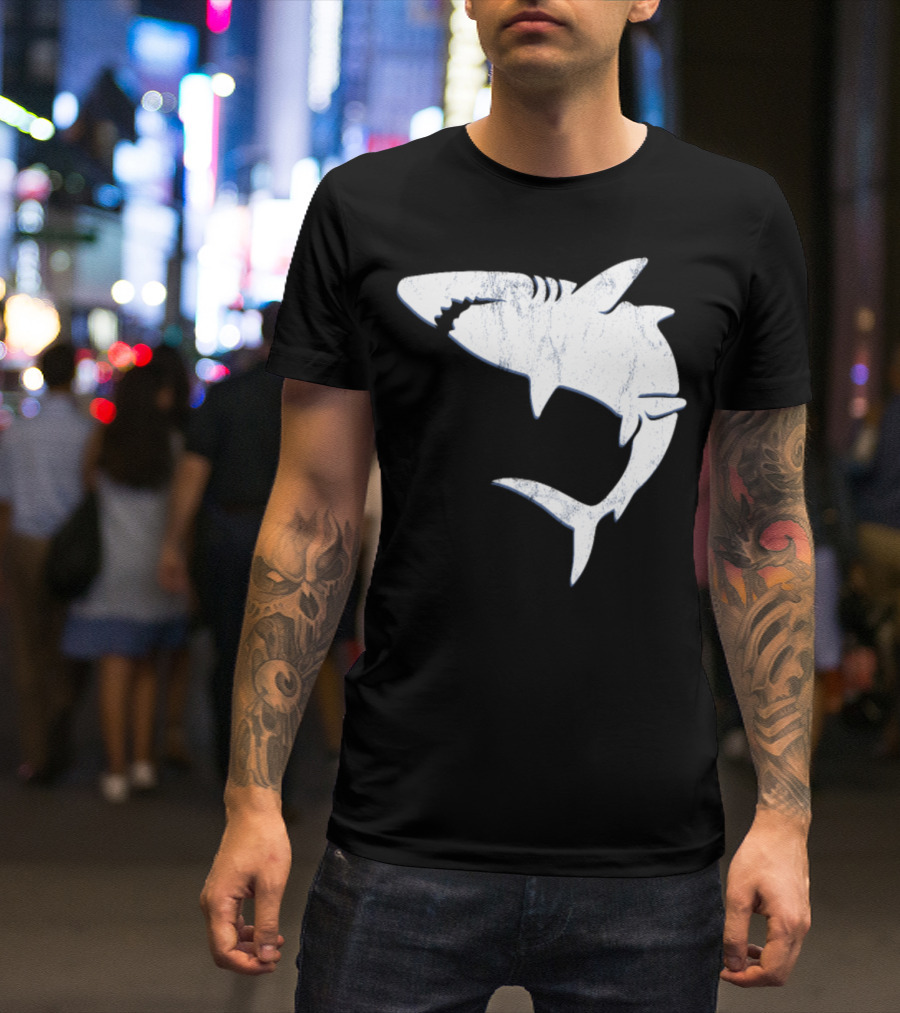 Shark Vintage Distressed Look Retro Style White T-Shirt
