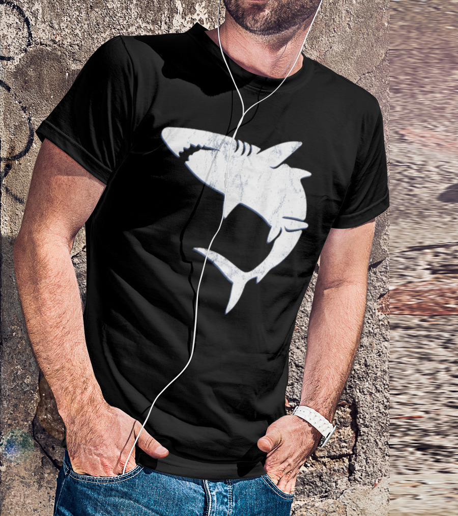 Shark Vintage Distressed Look Retro Style White T-Shirt