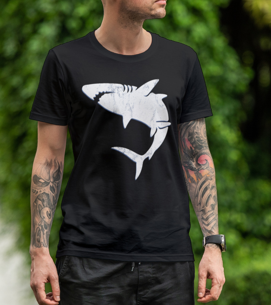 Shark Vintage Distressed Look Retro Style White T-Shirt