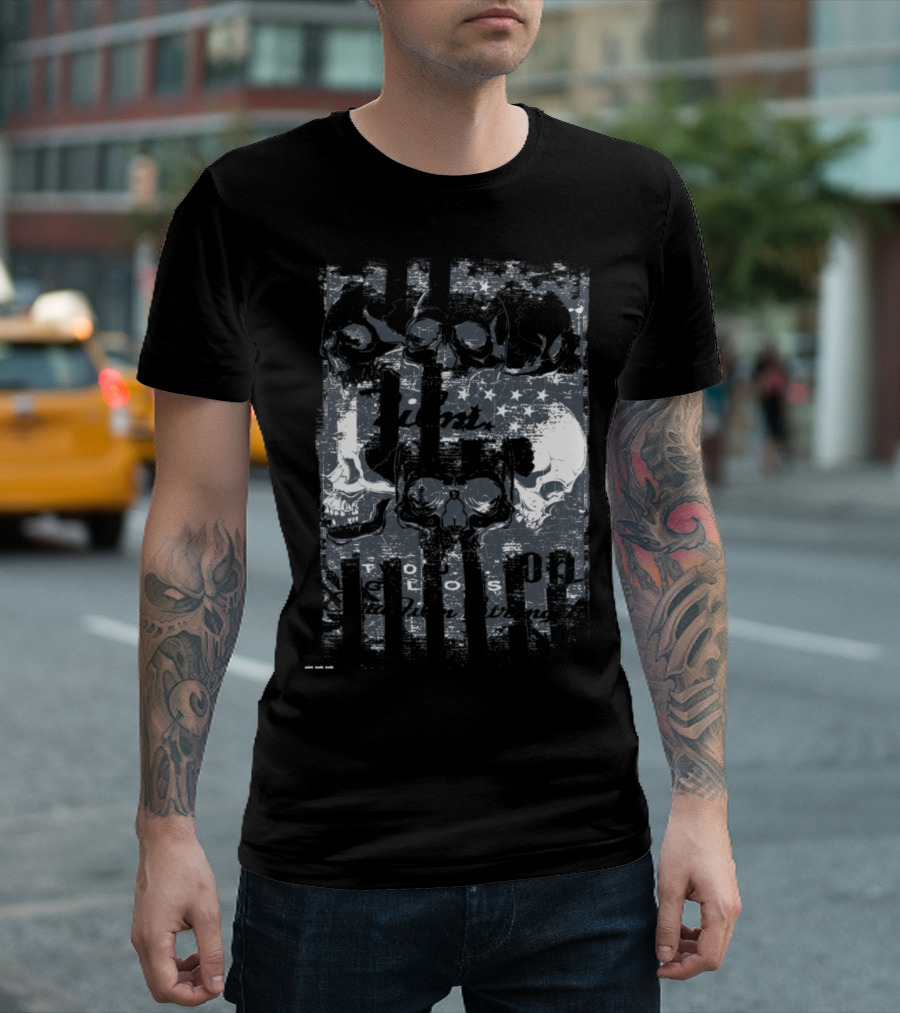 Skull Chaos with American Flag and Faded Stars T-Shirt
