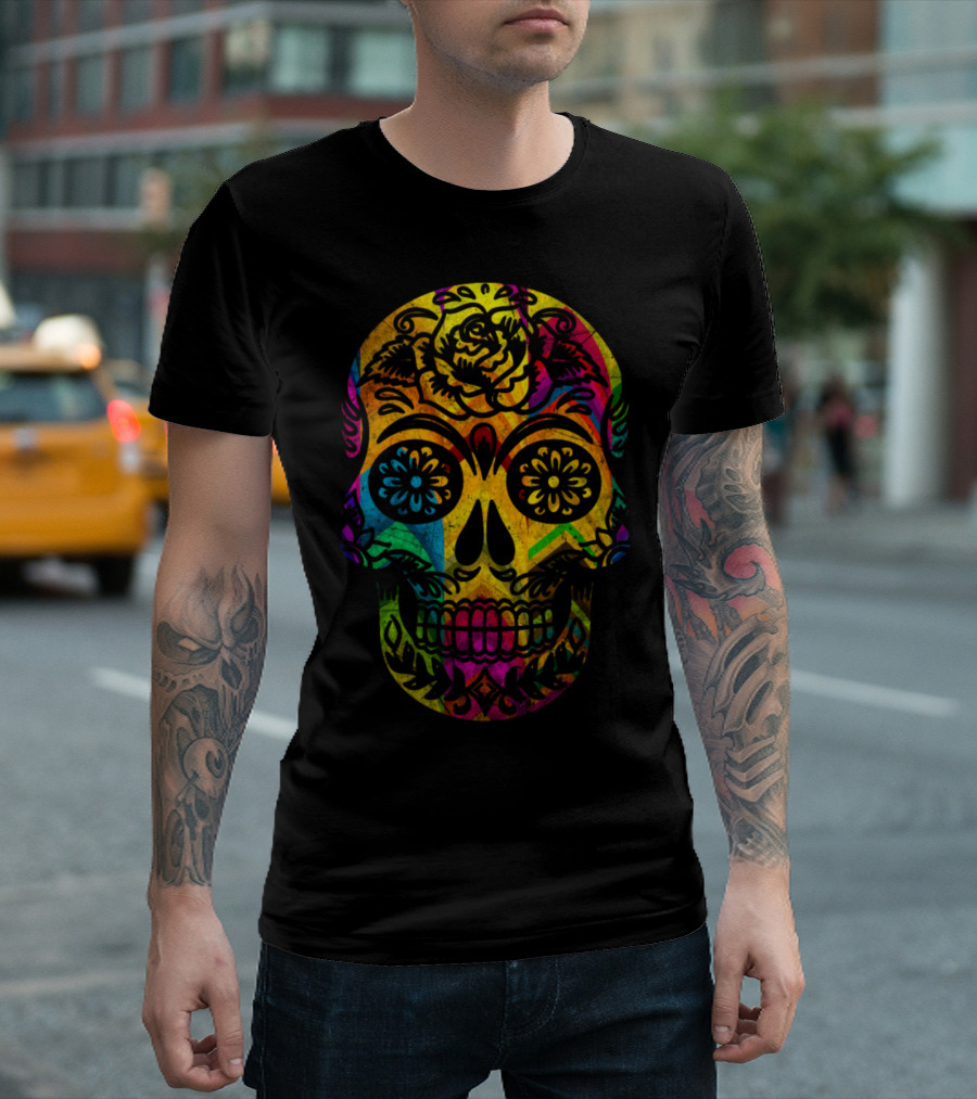 Skuller Vibrant Sugar Skull With Floral Motif T-Shirt
