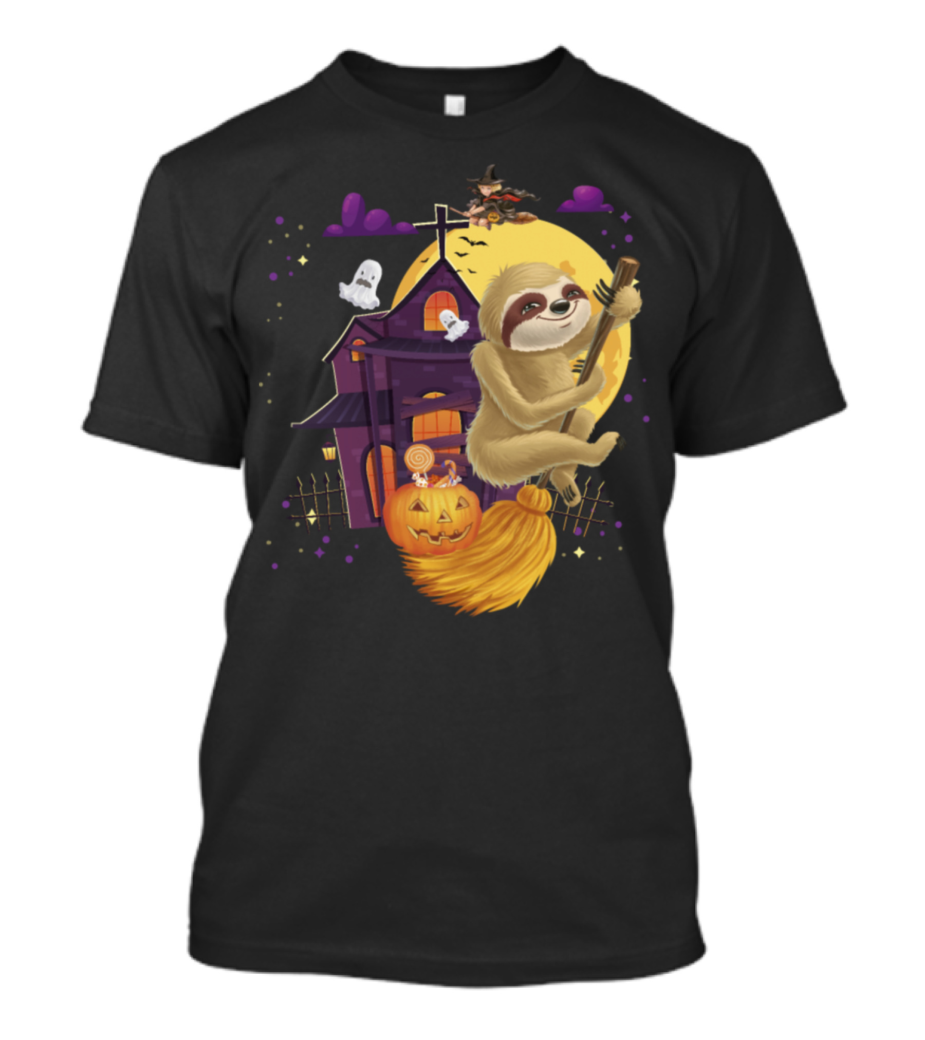Sloth Witch Broomstick Pumpkin Haunted House Halloween Party T-Shirt