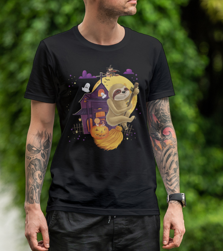 Sloth Witch Broomstick Pumpkin Haunted House Halloween Party T-Shirt