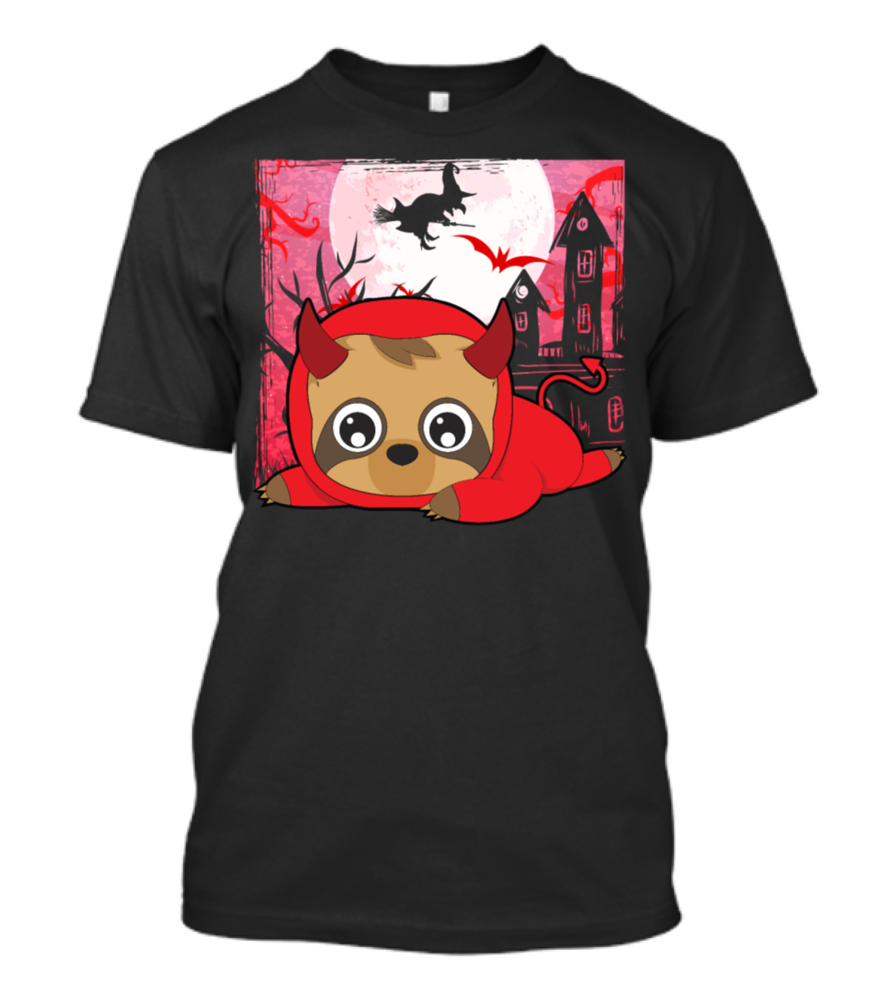 Cute Halloween Sloth Devil With Haunted House And Witch Flying T-Shirt