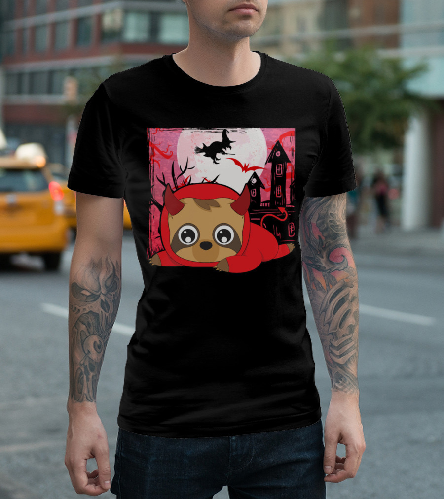 Cute Halloween Sloth Devil With Haunted House And Witch Flying T-Shirt