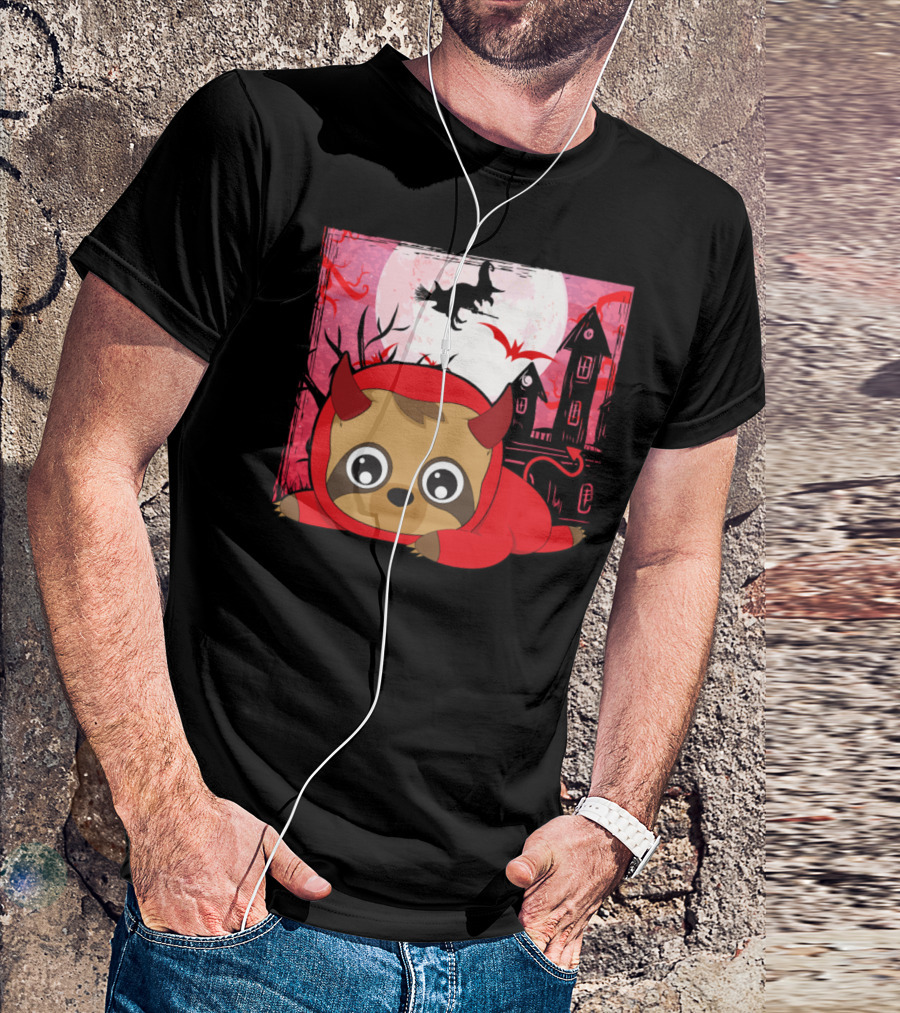Cute Halloween Sloth Devil With Haunted House And Witch Flying T-Shirt