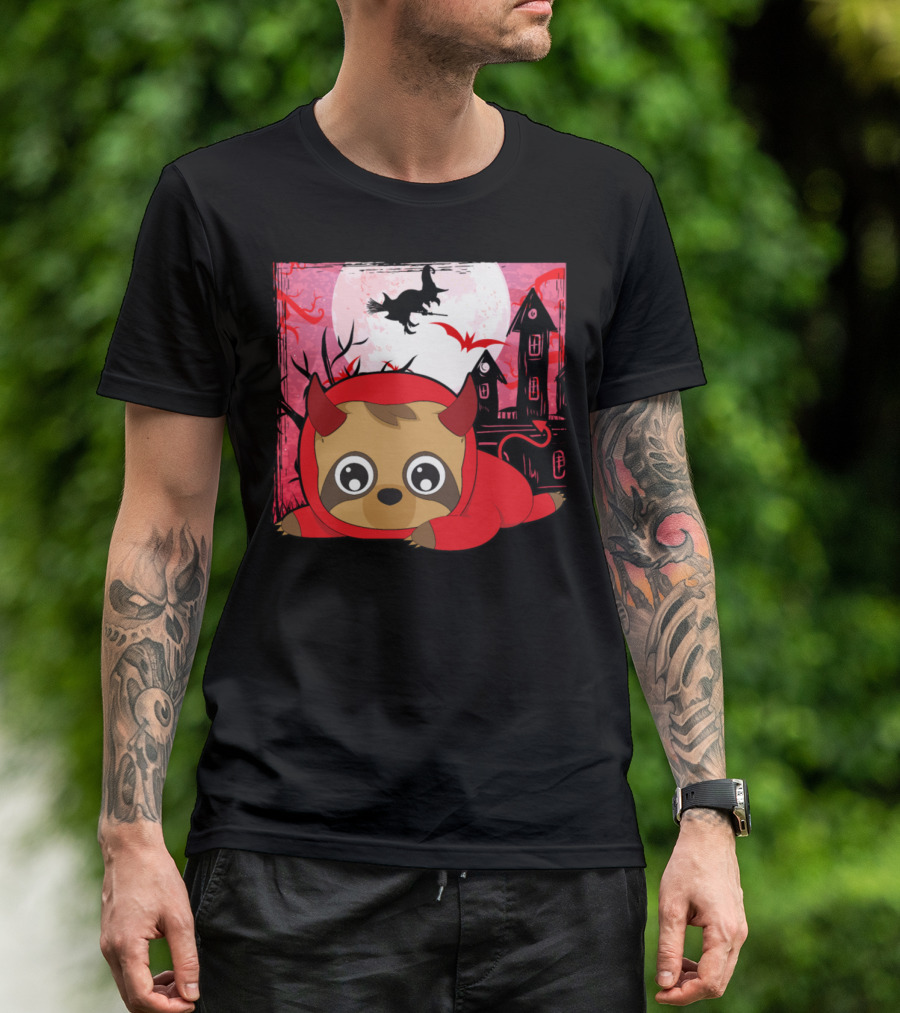 Cute Halloween Sloth Devil With Haunted House And Witch Flying T-Shirt