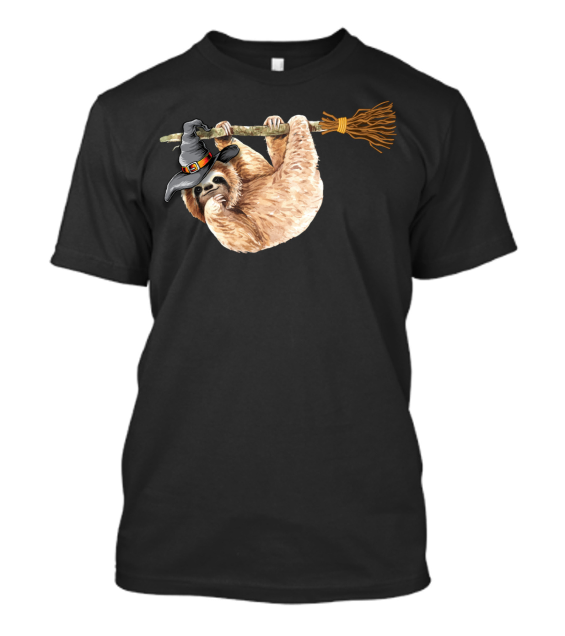 Sloth In Witch Hat Halloween Costume Hanging On Broomstick T-Shirt