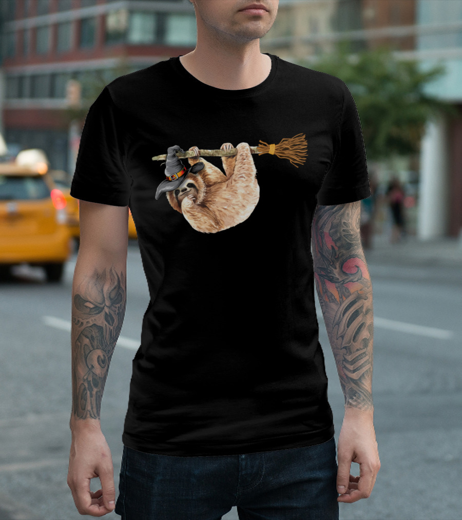 Sloth In Witch Hat Halloween Costume Hanging On Broomstick T-Shirt