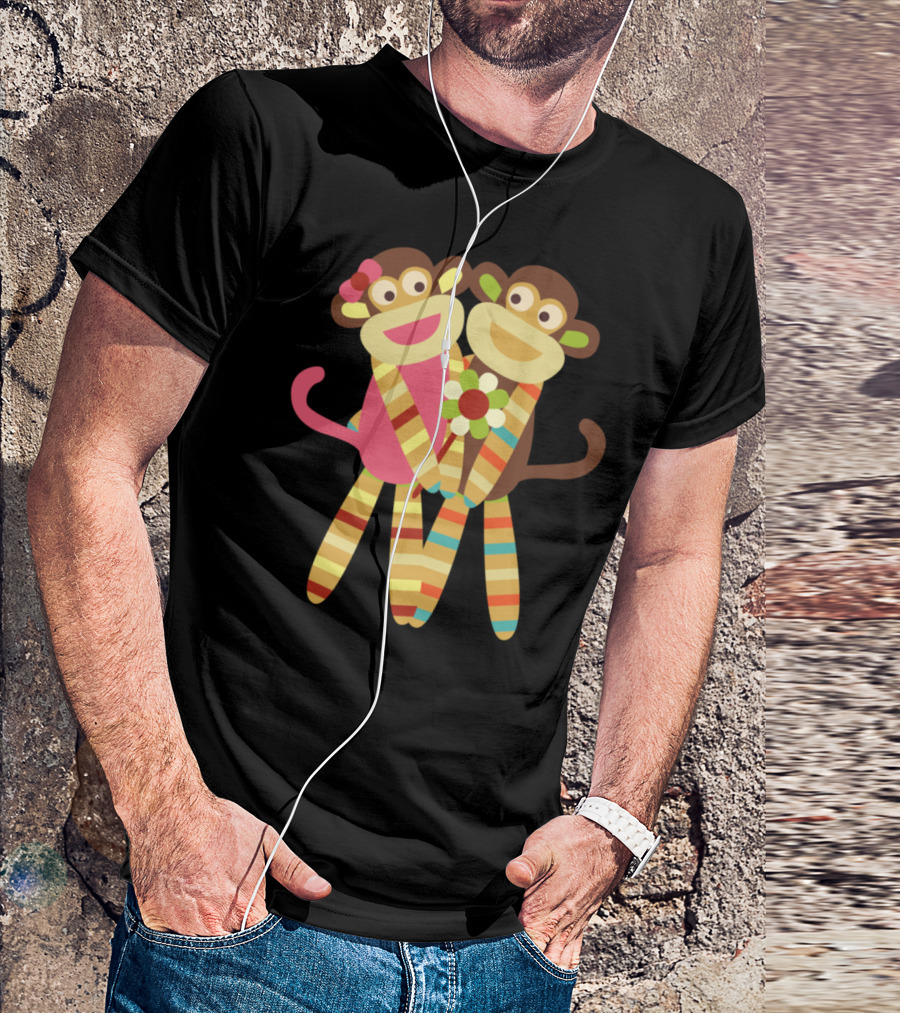 Sock Monkey Friends Hugging With Stripes And Flower T-Shirt